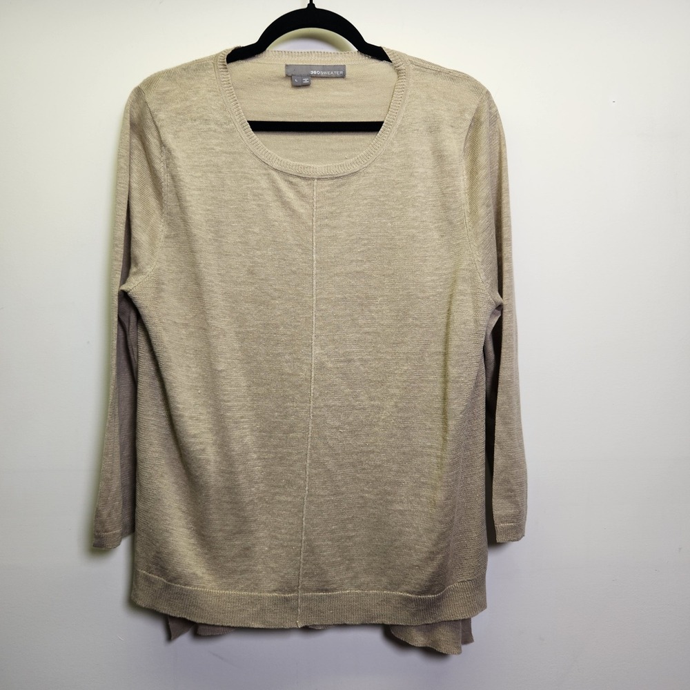 360 Sweater 100% Linen Knit Graphic Tunic Sweater L Sunglasses 3/4 Sleeve Camel